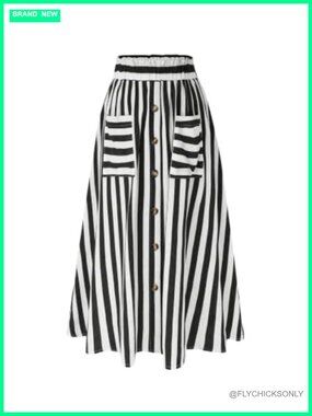 Plus Size Striped Maxi Skirt with Pockets High Waist A-Line Flared